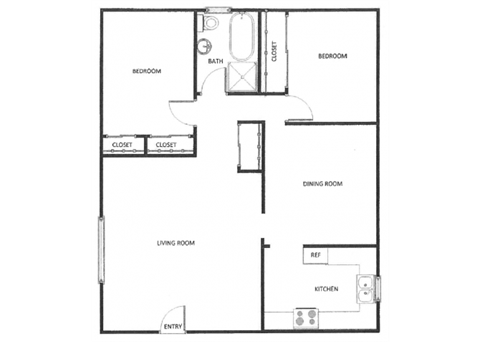 Floor plan for 2 beds, 1 bath, 820 sqft