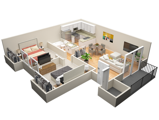 Floor plan for 2 beds, 1 bath, 833 sqft