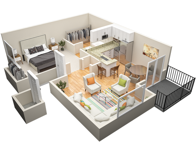 Floor plan for 1 bed, 1 bath, 649 sqft