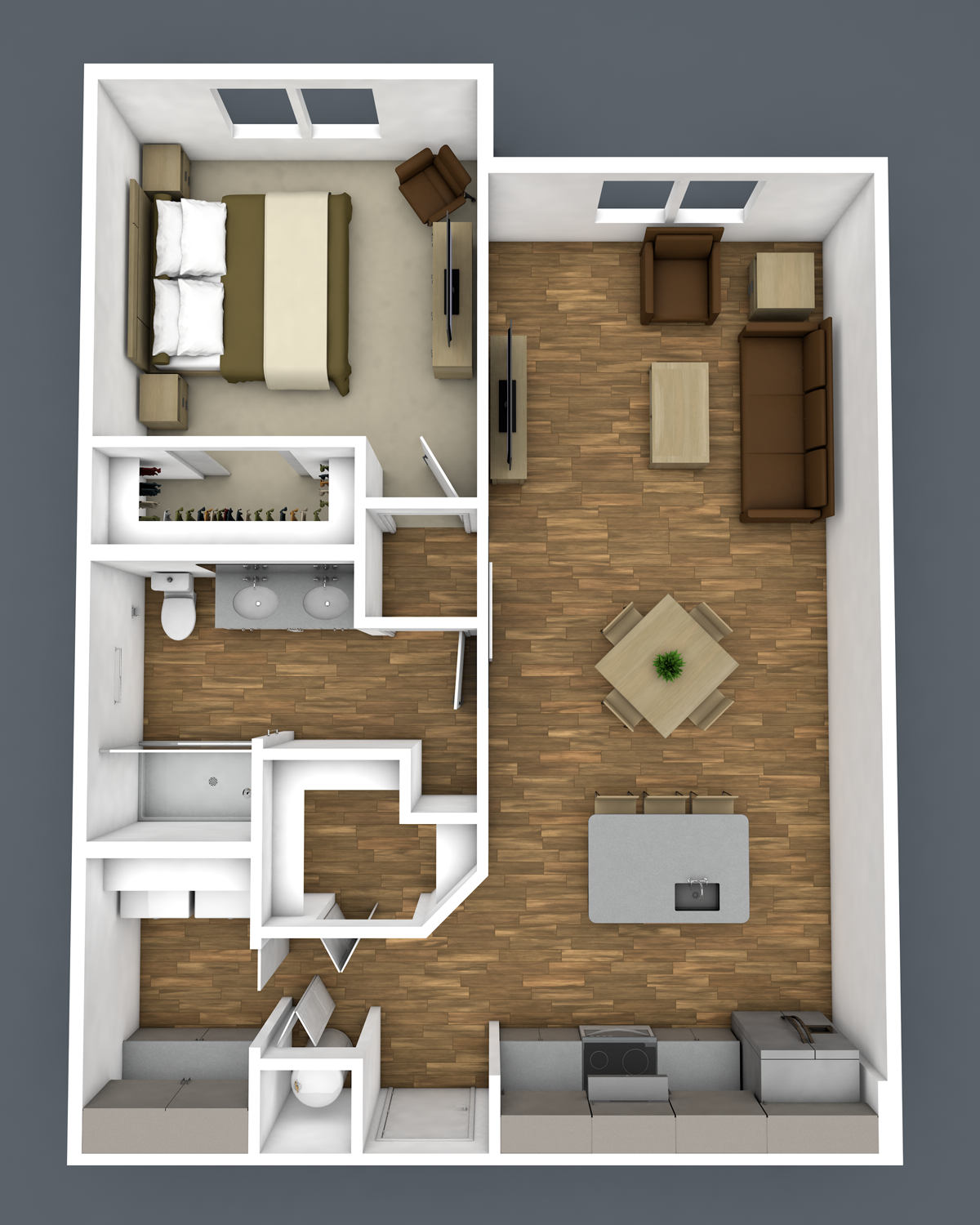 Floor plan for 1 bed, 1 bath, 769 sqft