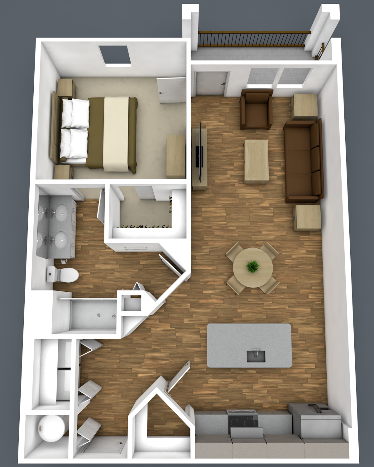 Floor plan for 1 bed, 1 bath, 770 sqft