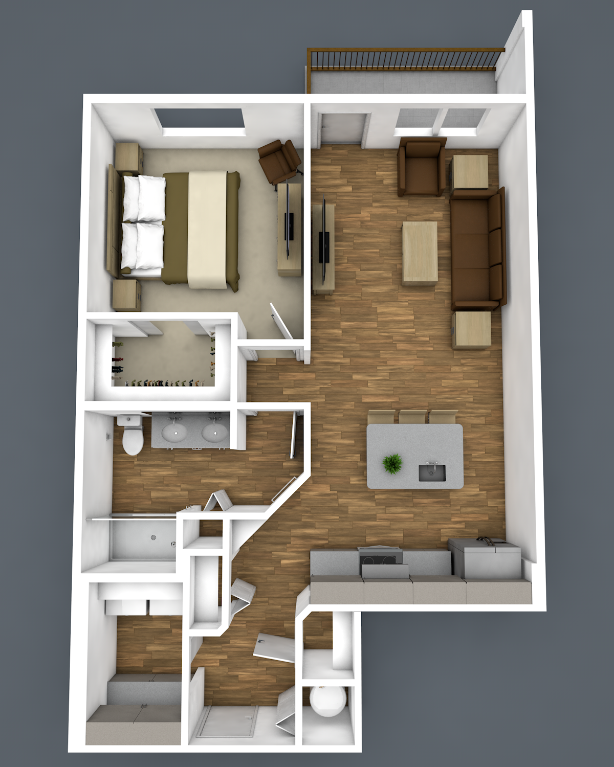 Floor plan for 1 bed, 1 bath, 773 sqft
