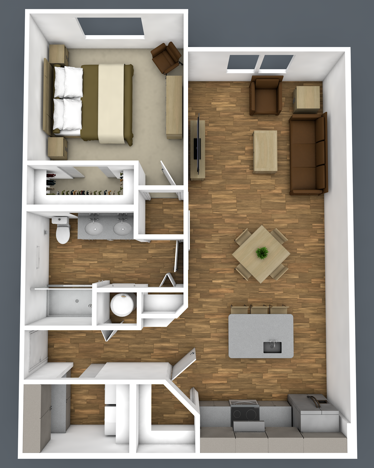 Floor plan for 1 bed, 1 bath, 773 sqft