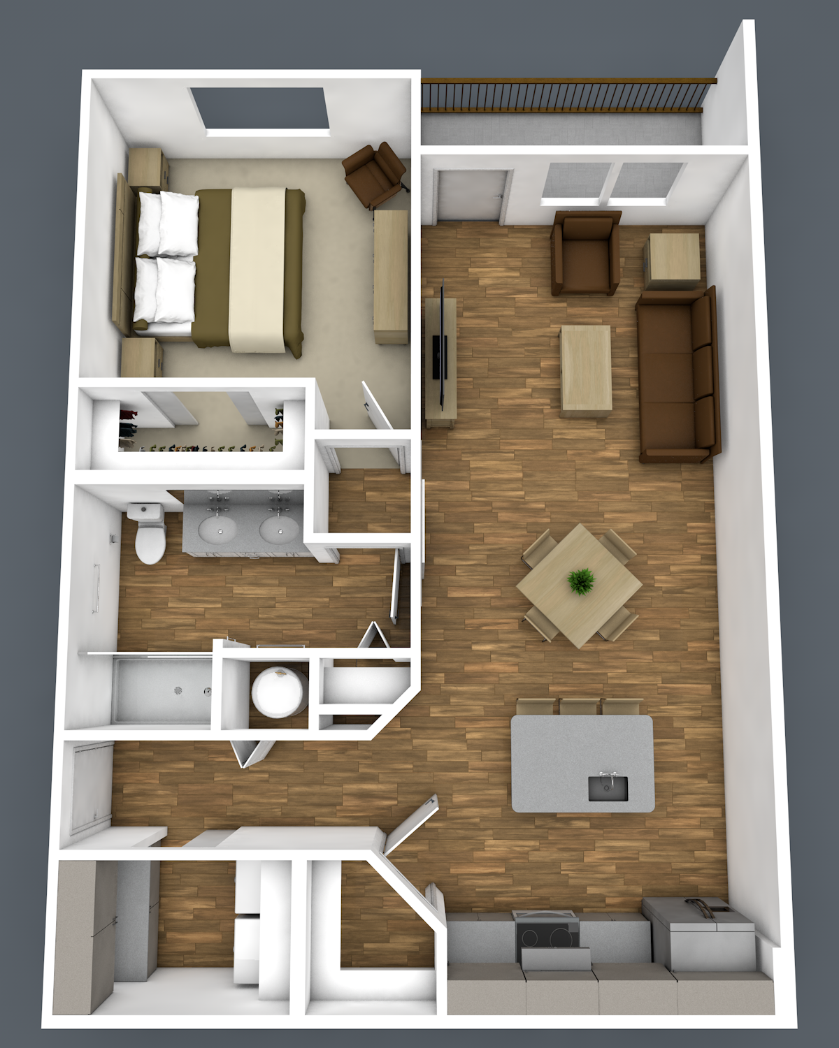 Floor plan for 1 bed, 1 bath, 773 sqft