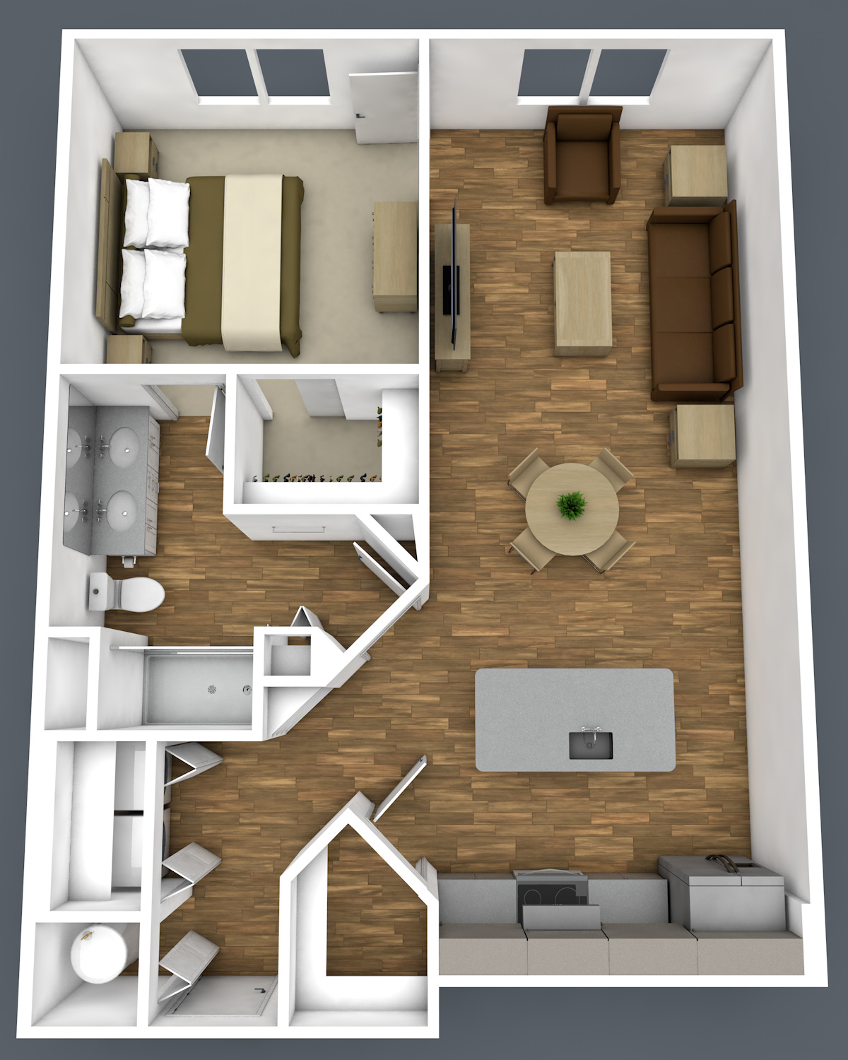 Floor plan for 1 bed, 1 bath, 777 sqft