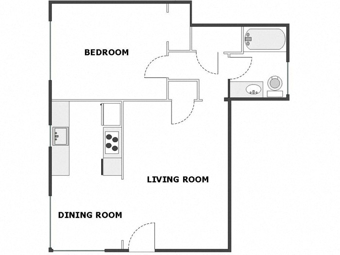 Floor plan for 1 bed, 1 bath, 675 sqft