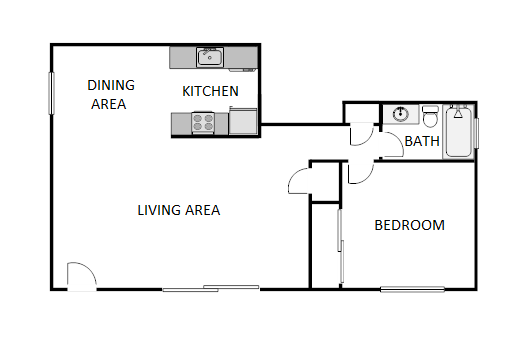 Floor plan for 1 bed, 1 bath, 715 sqft