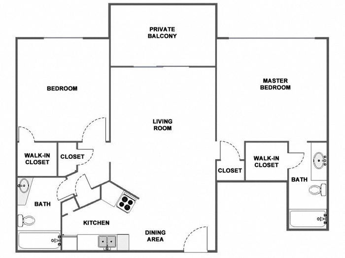 Floor plan for 2 beds, 2 baths, 1000 sqft