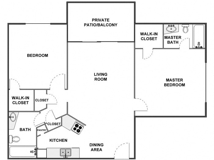 Floor plan for 2 beds, 2 baths, 1000 sqft