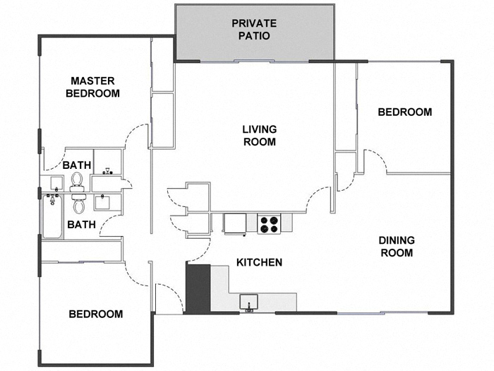 Floor plan for 3 beds, 2 baths, 1400 sqft