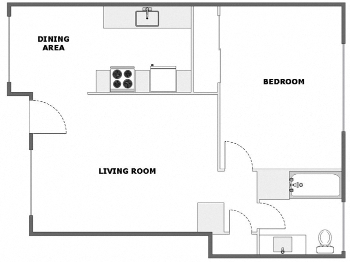 Floor plan for 1 bed, 1 bath, 700 sqft