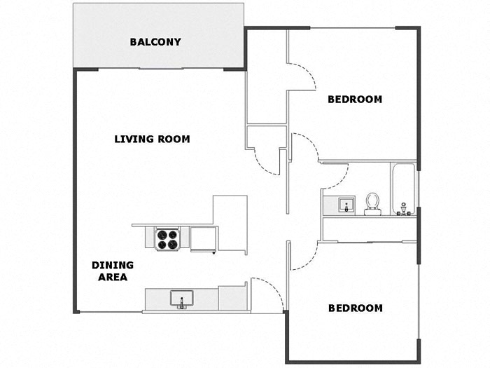 Floor plan for 2 beds, 1 bath, 900 sqft