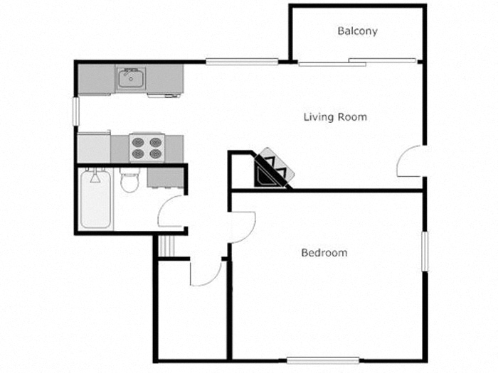 Floor plan for 1 bed, 1 bath, 750 sqft