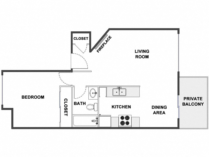 Floor plan for 1 bed, 1 bath, 750 sqft