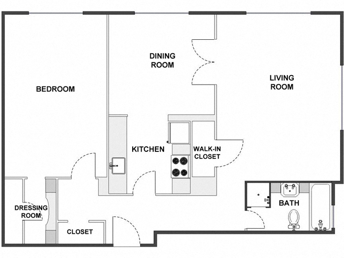 Floor plan for 1 bed, 1 bath, 950 sqft