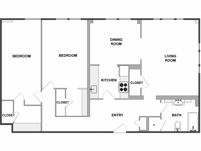 Floor plan for 2 beds, 1 bath, 1230 sqft