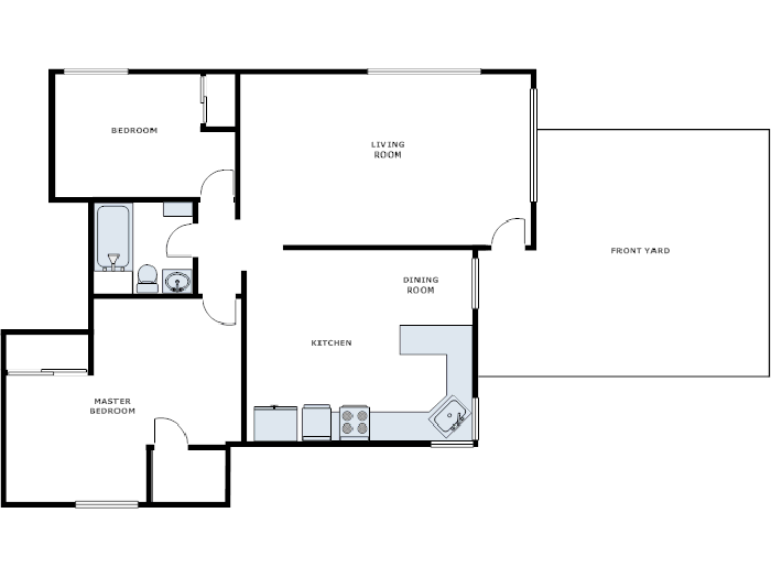 Floor plan for 2 beds, 1 bath, 915 sqft