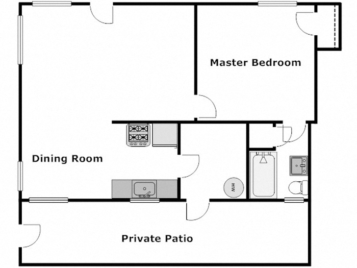 Floor plan for 1 bed, 1 bath, 583 sqft