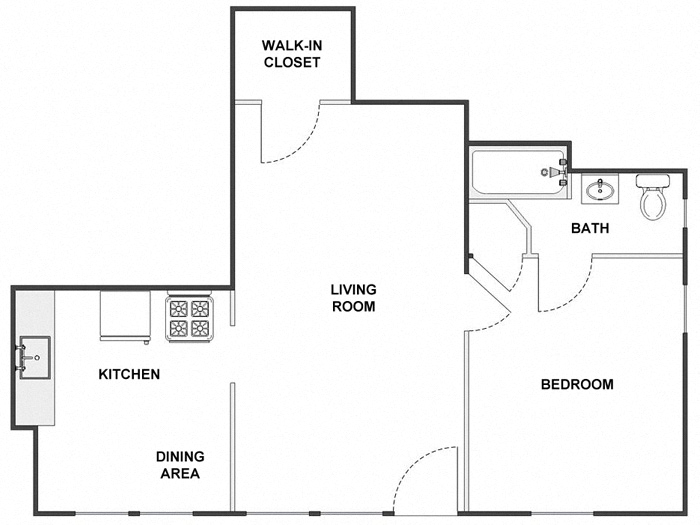 Floor plan for 1 bed, 1 bath, 580 sqft