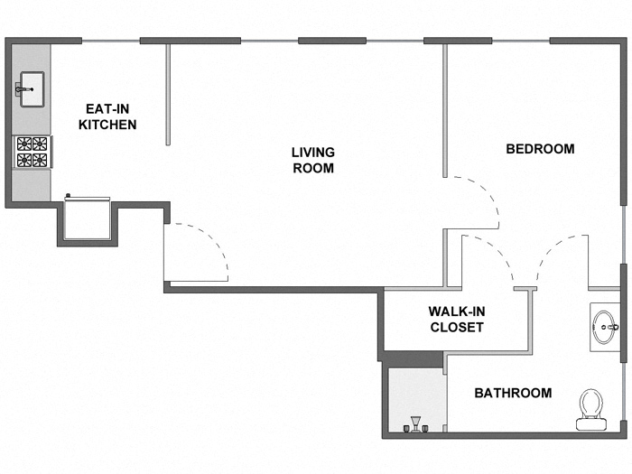 Floor plan for 1 bed, 1 bath, 540 sqft