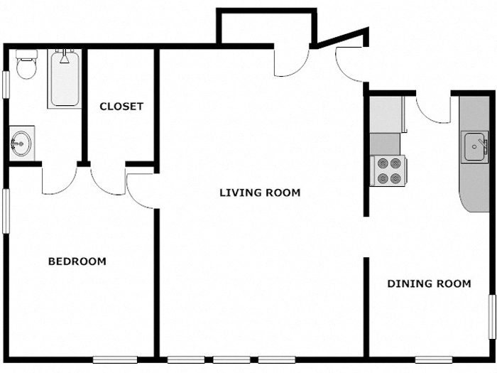 Floor plan for 1 bed, 1 bath, 690 sqft