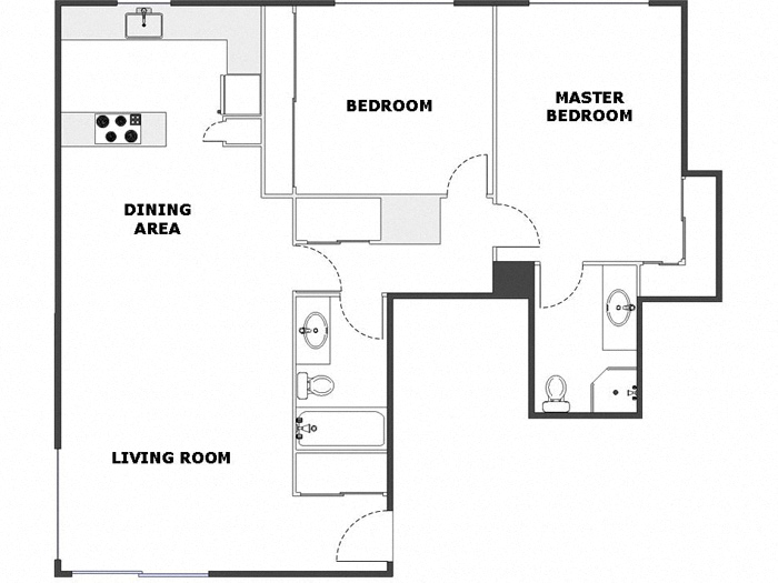 Floor plan for 2 beds, 2 baths, 1030 sqft