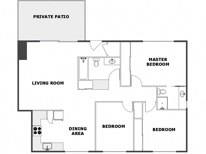 Floor plan for 3 beds, 2 baths, 1200 sqft