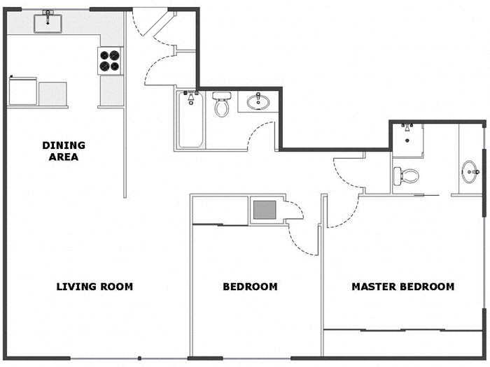 Floor plan for 2 beds, 2 baths, 1050 sqft