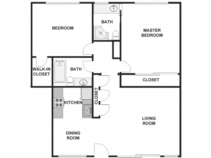 Floor plan for 2 beds, 2 baths, 950 sqft