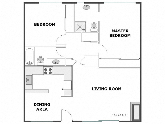 Floor plan for 2 beds, 2 baths, 1030 sqft
