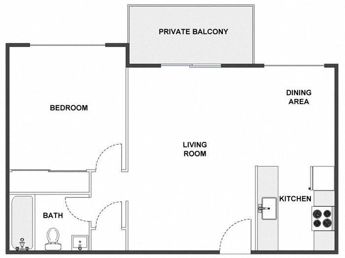 Floor plan for 1 bed, 1 bath, 650 sqft