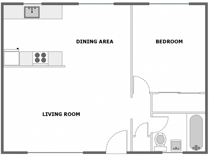 Floor plan for 1 bed, 1 bath, 650 sqft