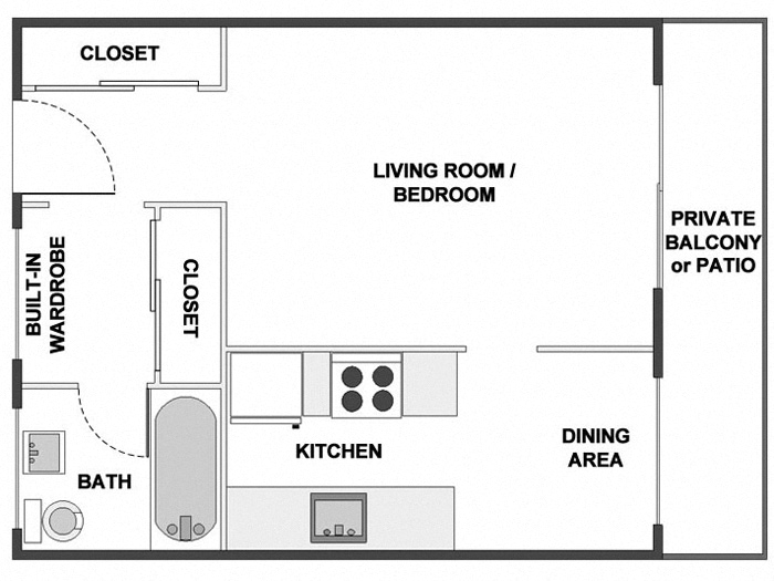 Floor plan for studio, 1 bath, 490 sqft