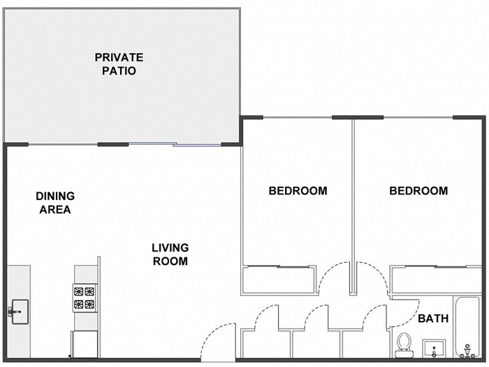 Floor plan for 2 beds, 1 bath, 870 sqft