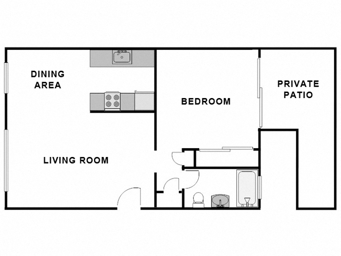 Floor plan for 1 bed, 1 bath, 570 sqft