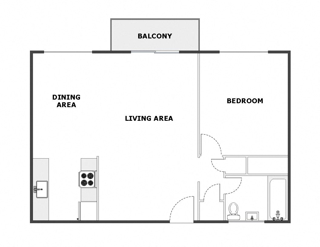 Floor plan for 1 bed, 1 bath, 715 sqft