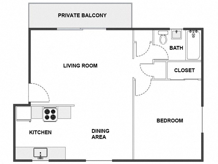 Floor plan for 1 bed, 1 bath, 650 sqft