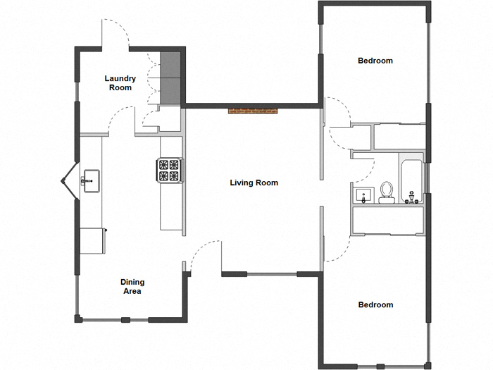 Floor plan for 2 beds, 1 bath, 900 sqft