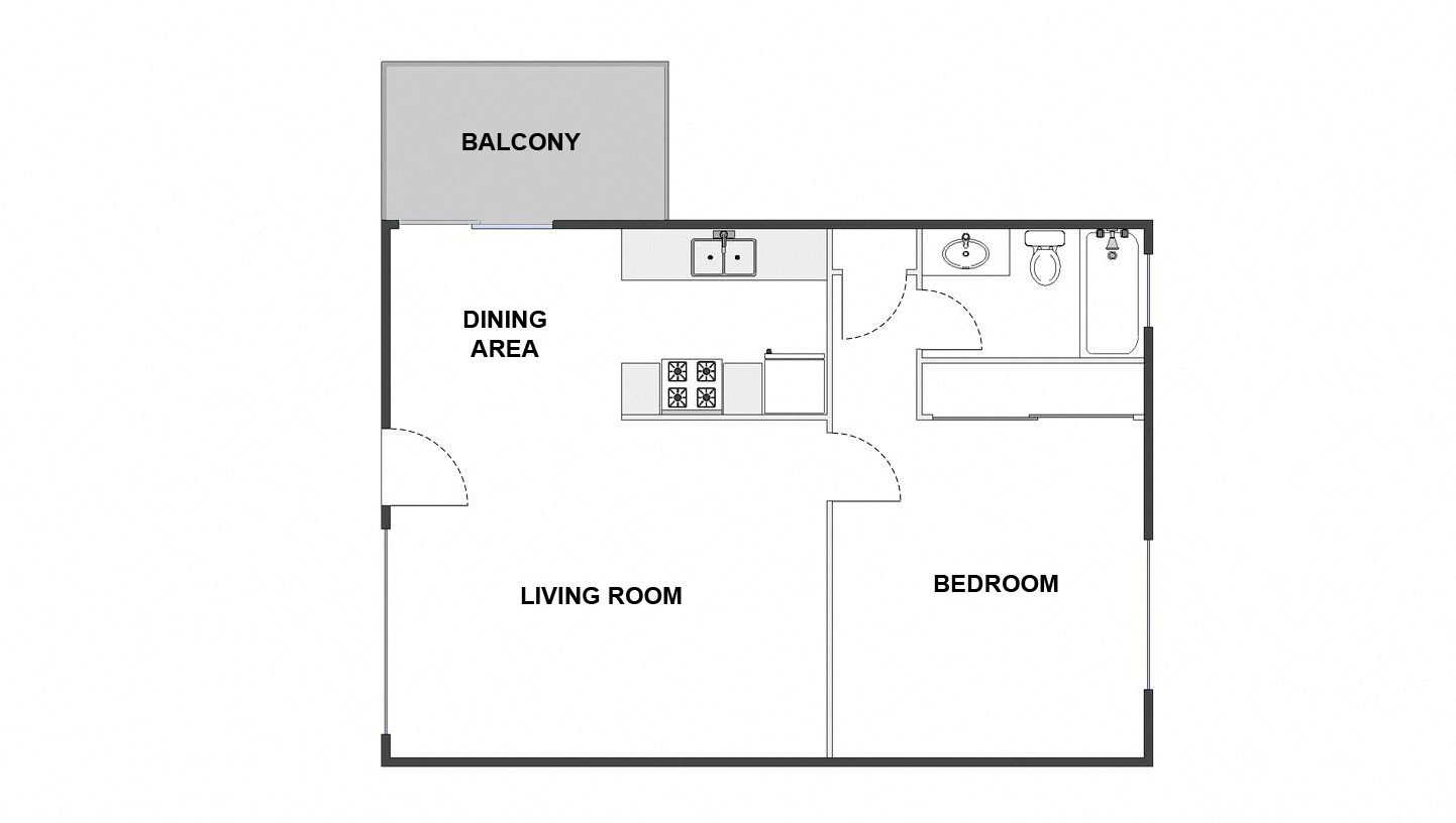 Floor plan for 1 bed, 1 bath, 700 sqft