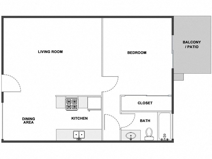 Floor plan for 1 bed, 1 bath, 700 sqft
