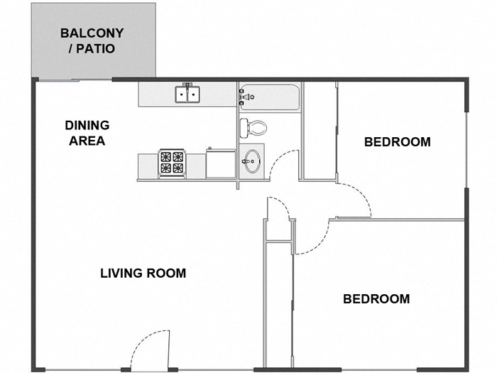 Floor plan for 2 beds, 1 bath, 900 sqft