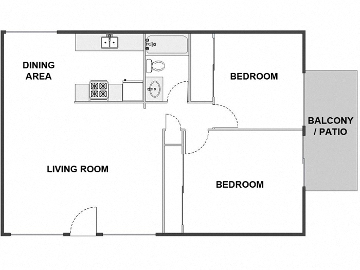 Floor plan for 2 beds, 1 bath, 900 sqft