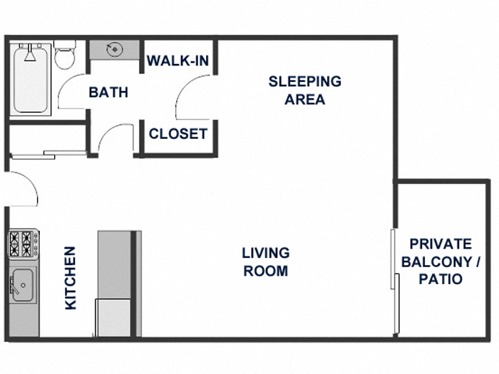 Floor plan for studio, 1 bath, 530 sqft