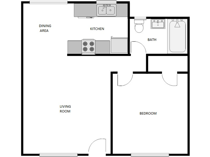 Floor plan for 1 bed, 1 bath, 625 sqft