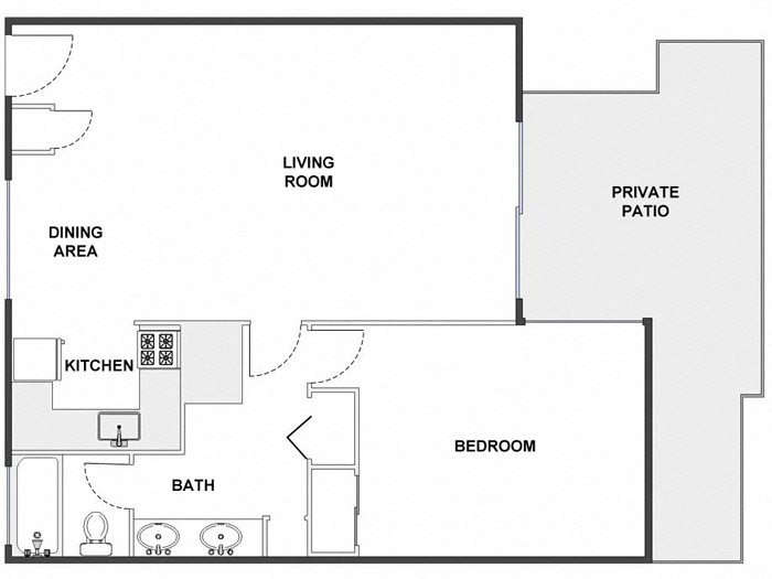 Floor plan for 1 bed, 1 bath, 750 sqft