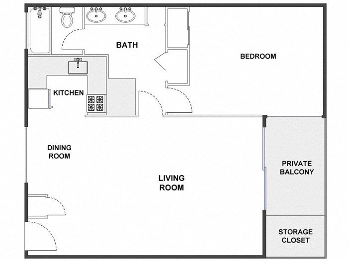 Floor plan for 1 bed, 1 bath, 750 sqft
