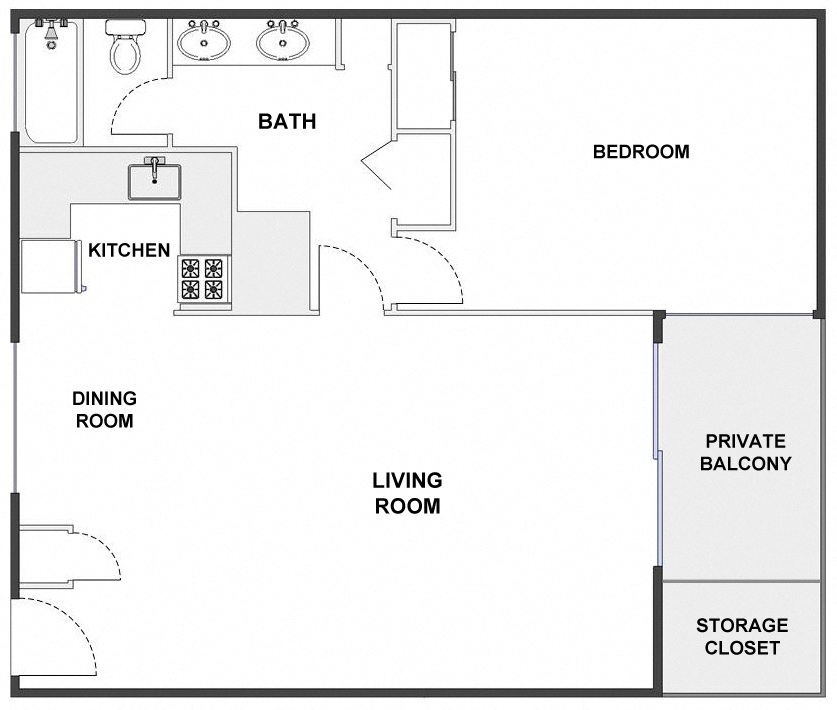 Floor plan for 1 bed, 1 bath, 750 sqft
