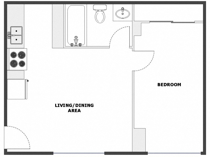 Floor plan for 1 bed, 1 bath, 440 sqft