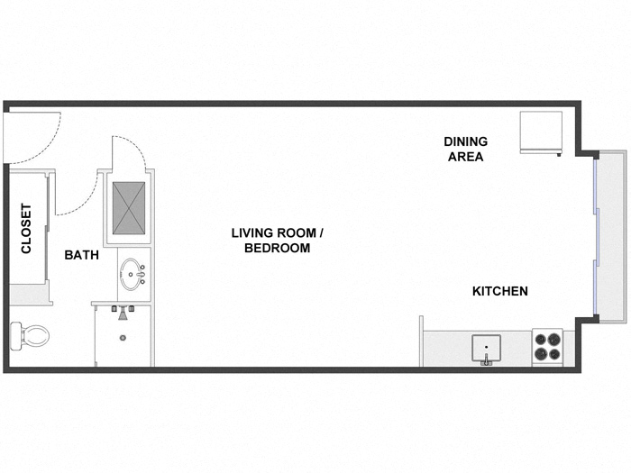Floor plan for studio, 1 bath, 500 sqft