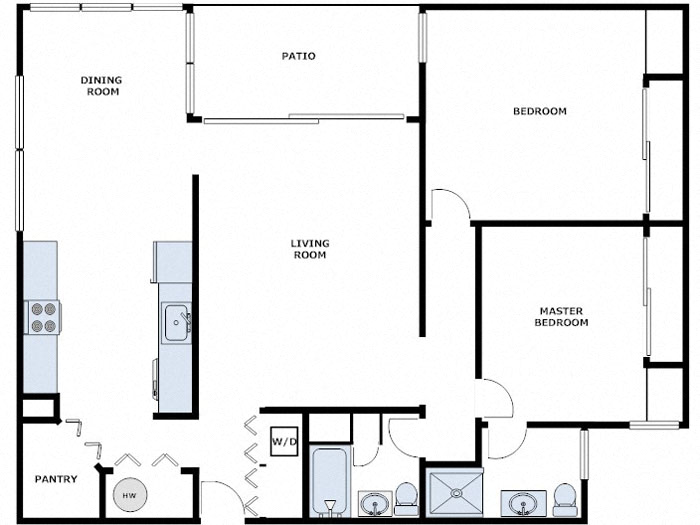 Floor plan for 2 beds, 2 baths, 1100 sqft